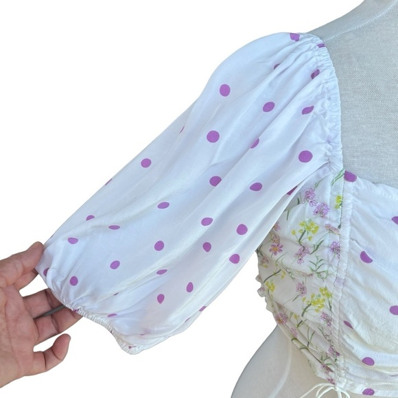 For Love & Lemons Strudel Floral Blouse Puff Sleeve Polka Dot Cropped Smocked LG - Picture 7 of 13